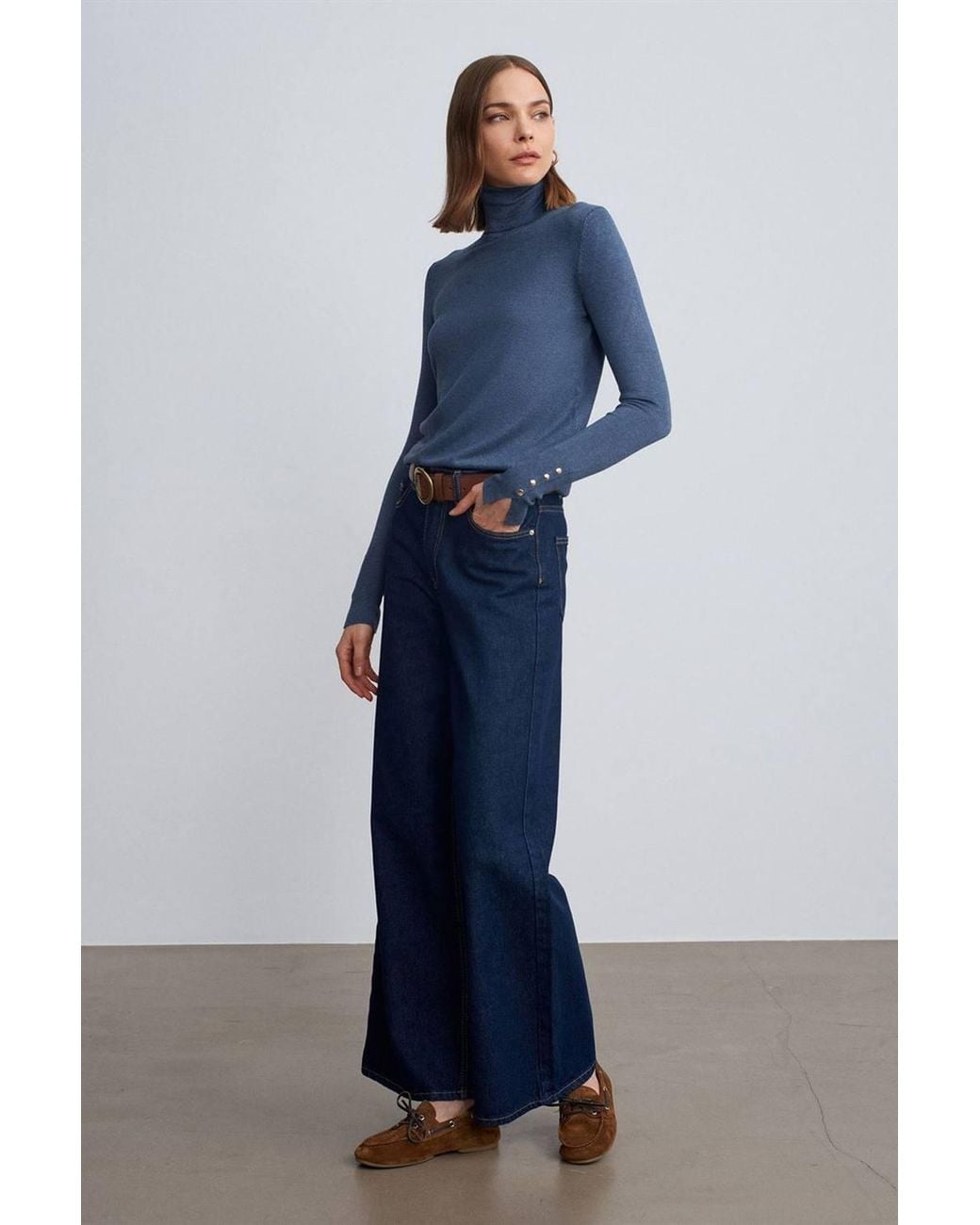 Dilvin Blue Turtleneck Knit Sweater With Buttons