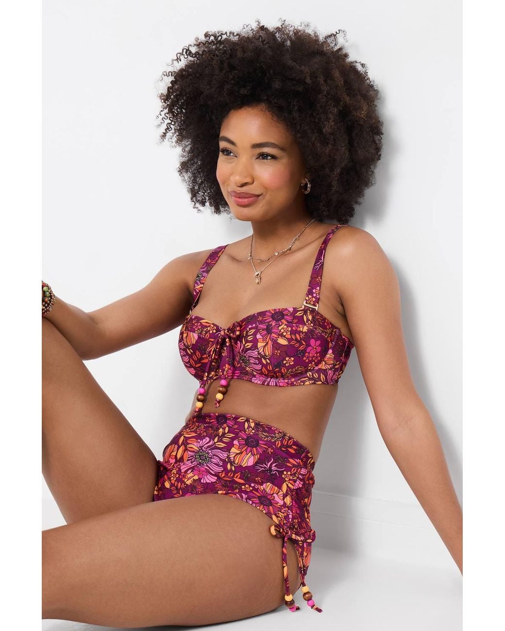 Joe Browns Pink Floral Print Bikini Top With Hardware & Beaded Bow