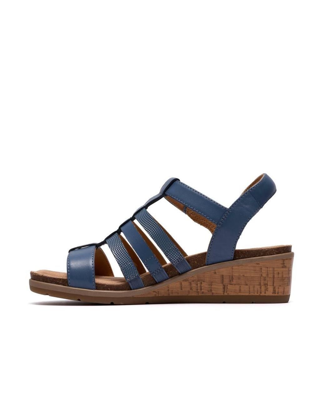 Clarks Blue Kacha Step Denim Leather Wedge Sandals