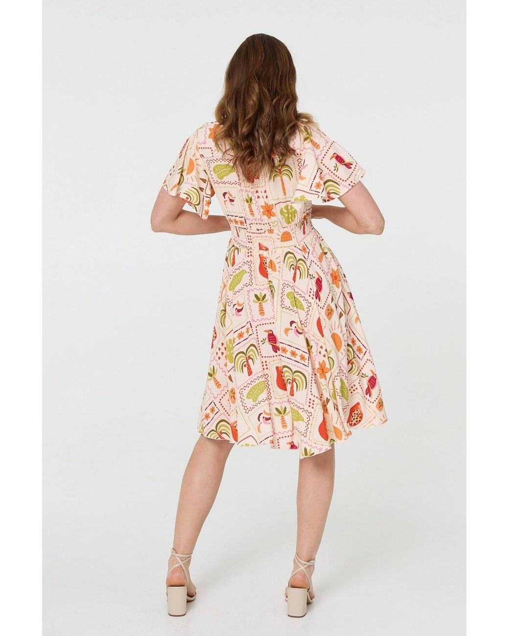Izabel London Pink Printed V-Neck Shirred Knee Length Dress