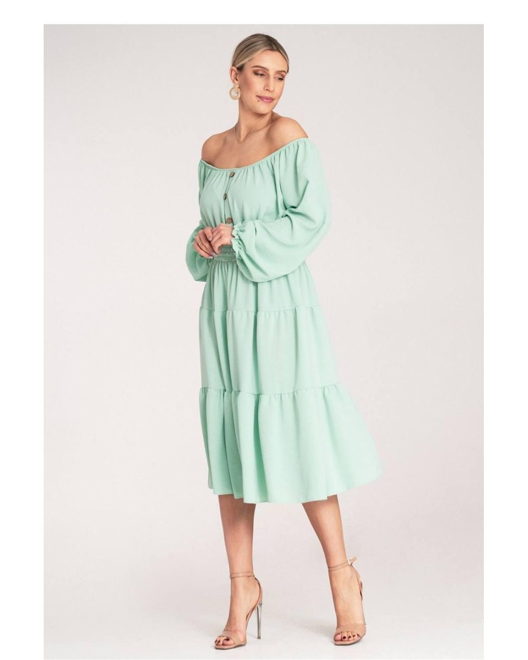 Love Lace Green Midi Ruched Dress Spanish Neckline Wooden Buttons