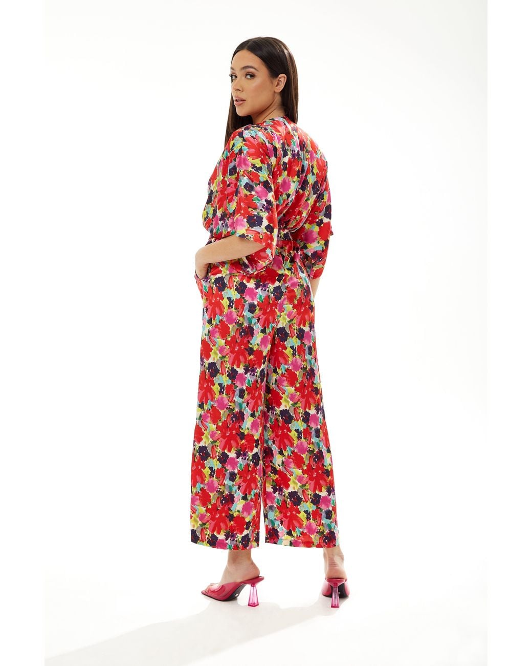 Liquorish Red Floral Jumpsuit With Short Sleeves