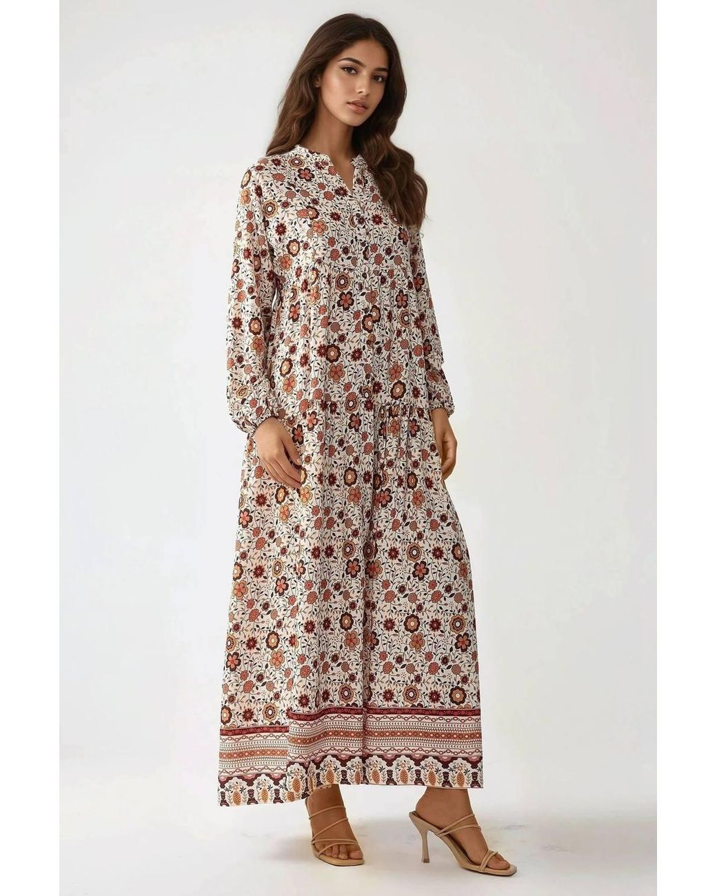 Hiccup Natural Printed V-Neck Maxi Dress With Buttons
