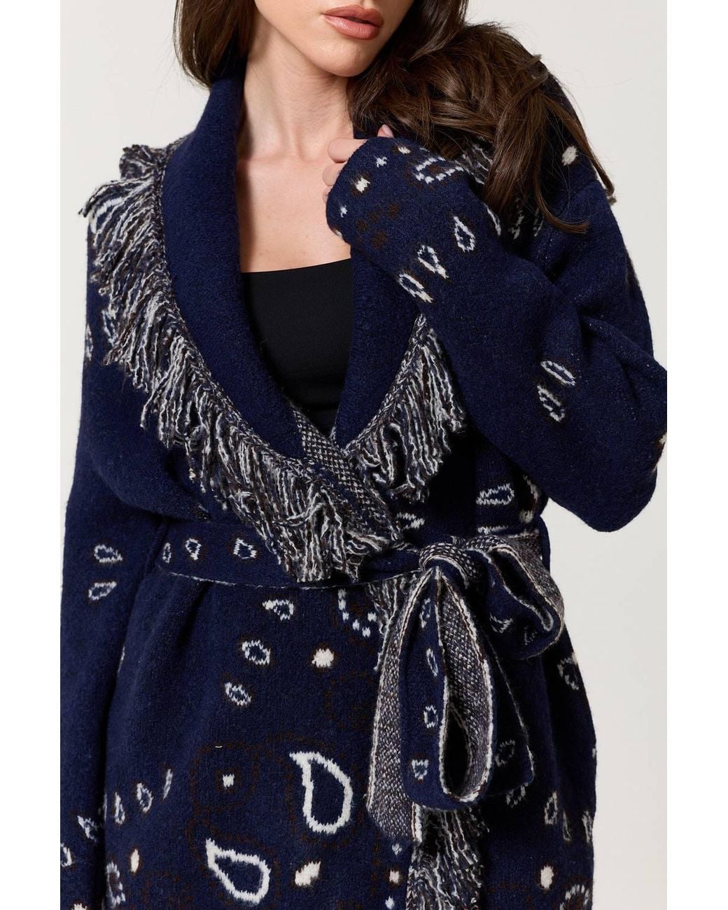 Liquorish Blue Paisley Fringe Wool Blend Cardigan