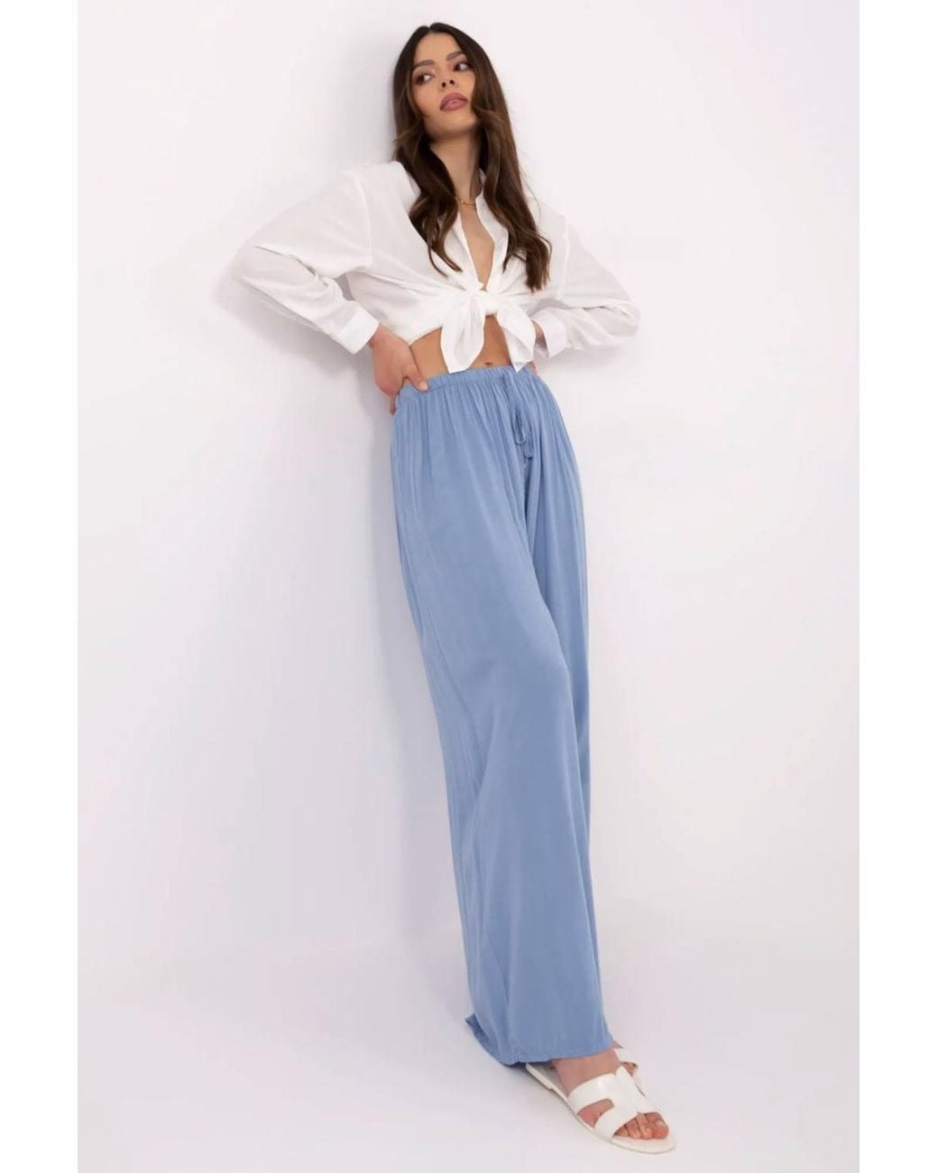 Love Lace Blue Viscose High Waisted Lightweight Wide Leg Trousers
