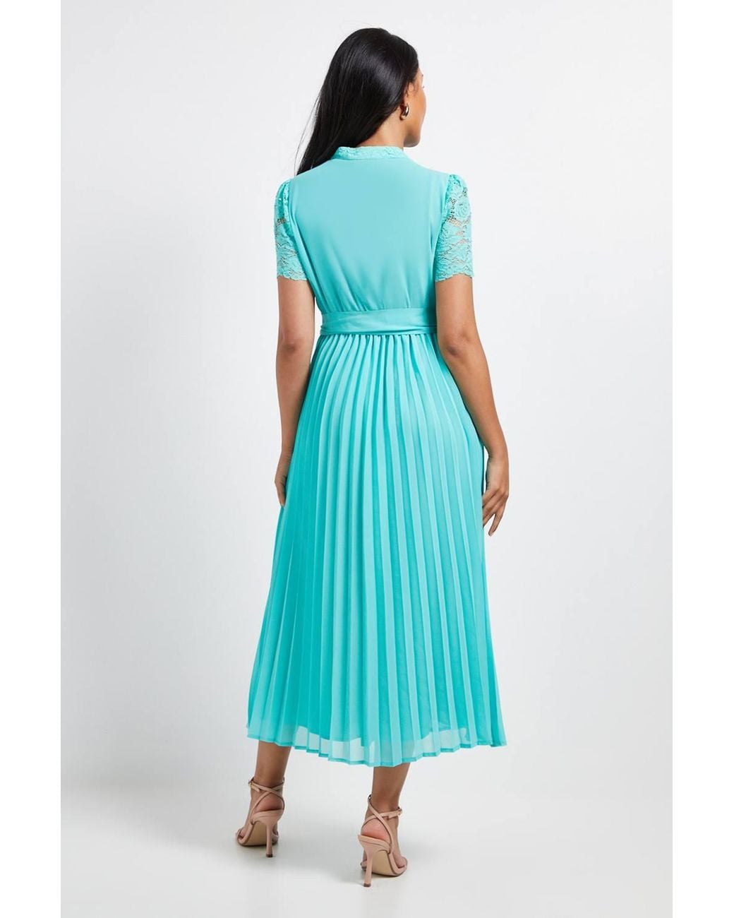 Wallis Blue Petite Lace Collarless Pleated Midi Dress