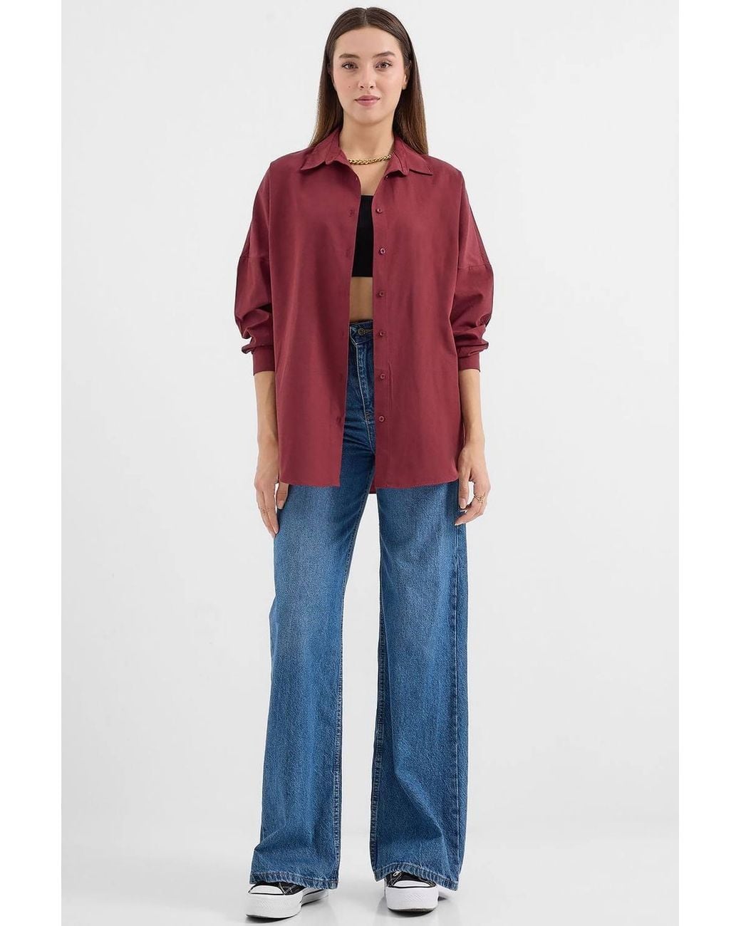 Bigdart Red Oversized Patterned Poplin Shirt With Button Closure