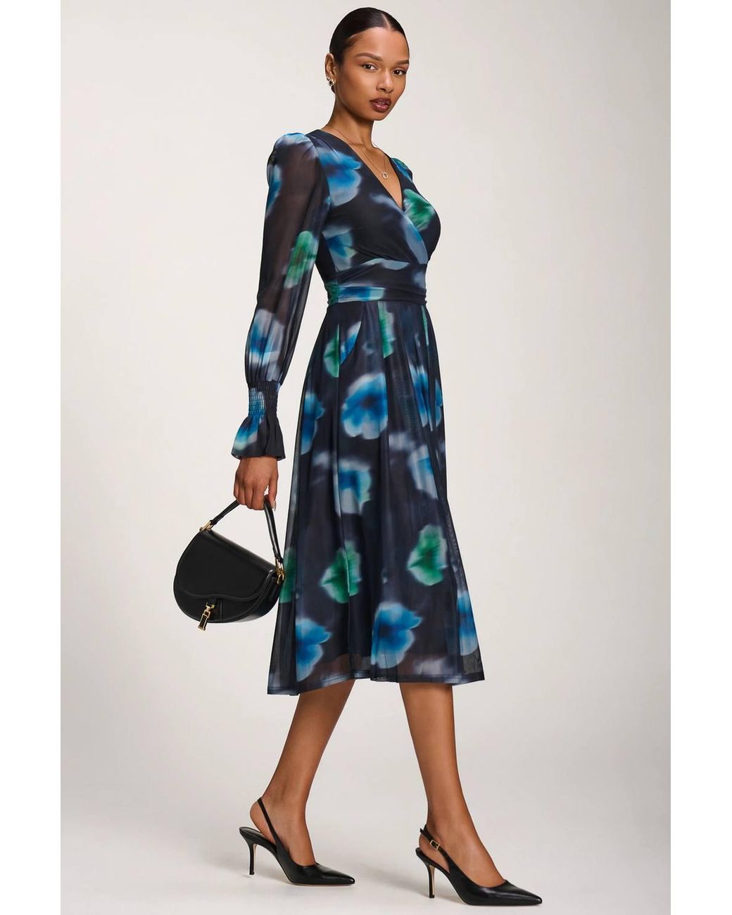 Jolie Moi Blue Long Sleeve Printed Mesh Midi Dress