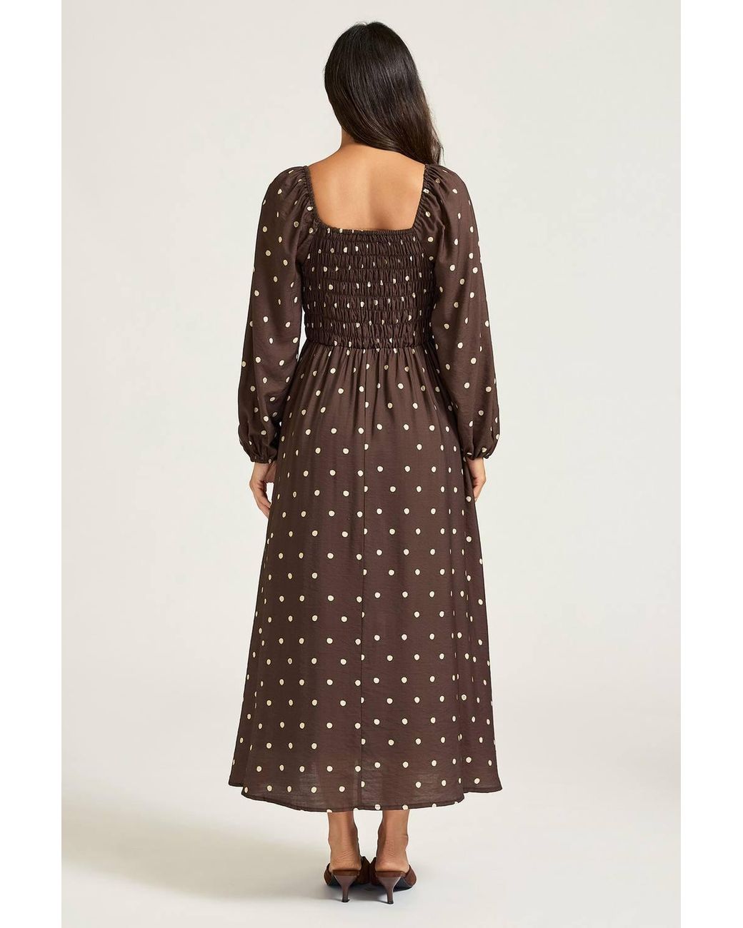 FS Collection Brown Print Square Neck Midi Dress With Long Sleeves