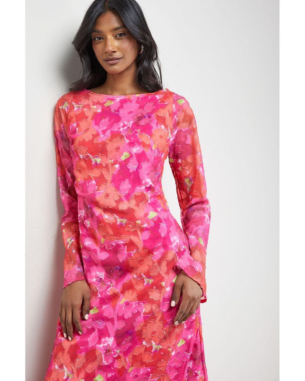 Warehouse Pink Burnout Floral Chiffon Slash Neck Bias Midi Dress