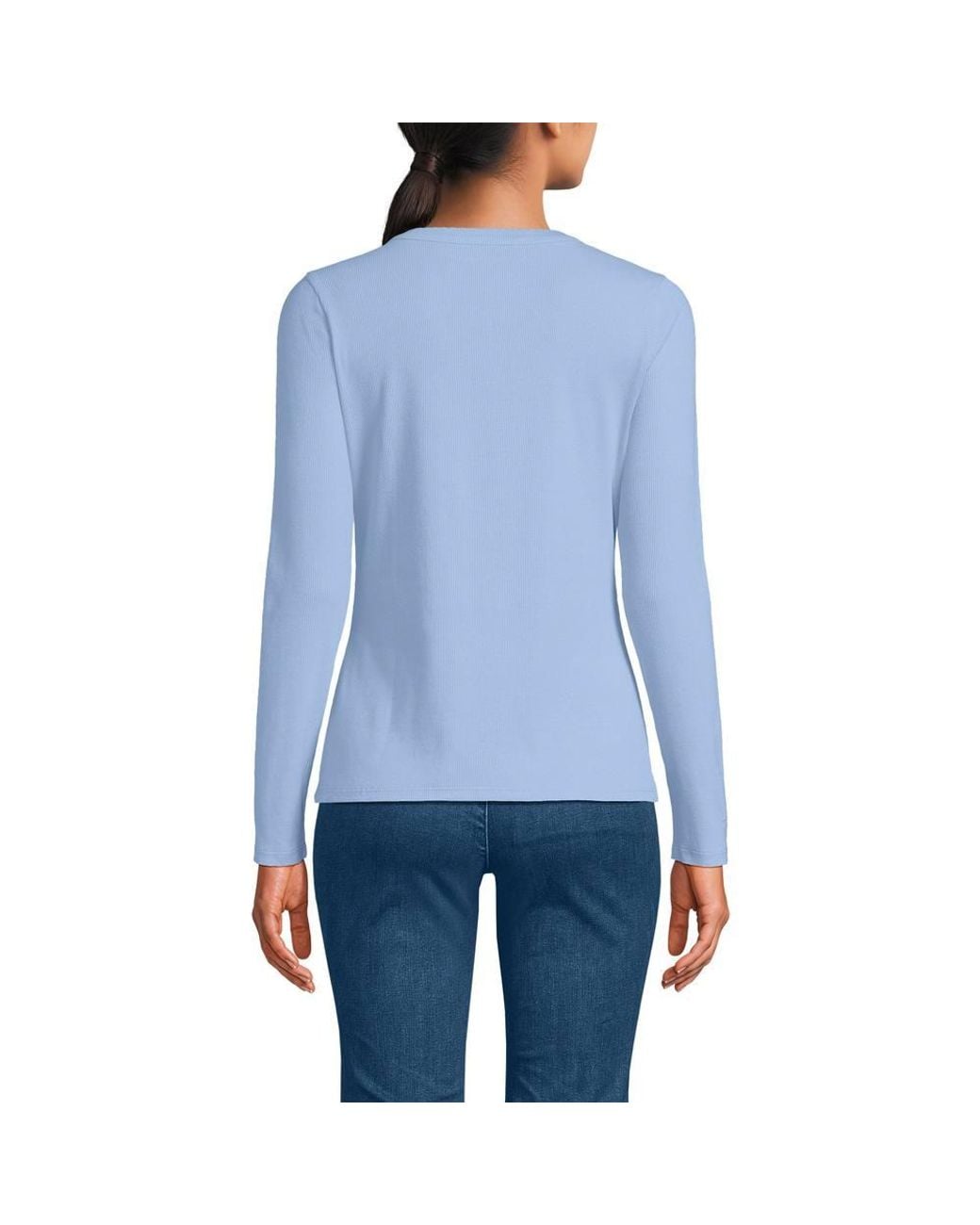 Lands' End Blue Long Sleeve Micro Rib Buttonfront Top