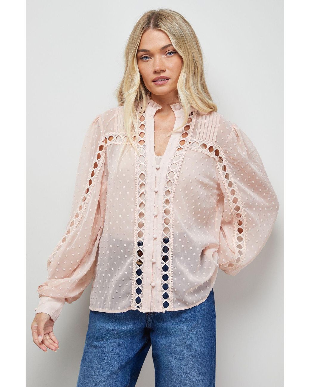 Oasis Multicolor Dobby Chiffon Trim Detail Button Down Blouse