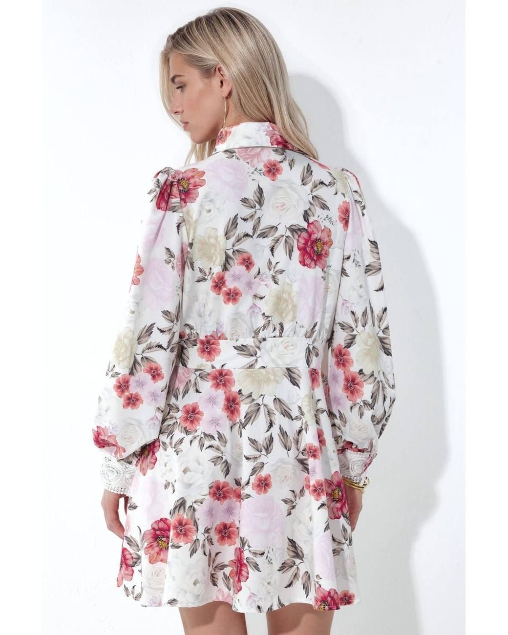 Msn-Collection Red Floral Mini Shirt Dress With Lace Detail