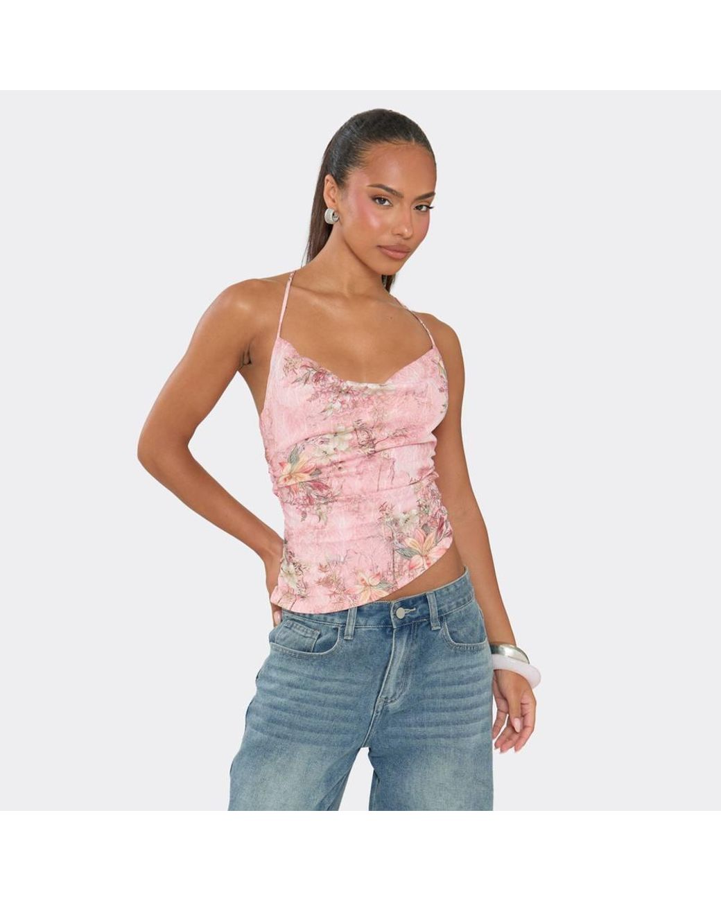 EGO Pink Strappy Cowl Neck Ruched Floral Lace Top