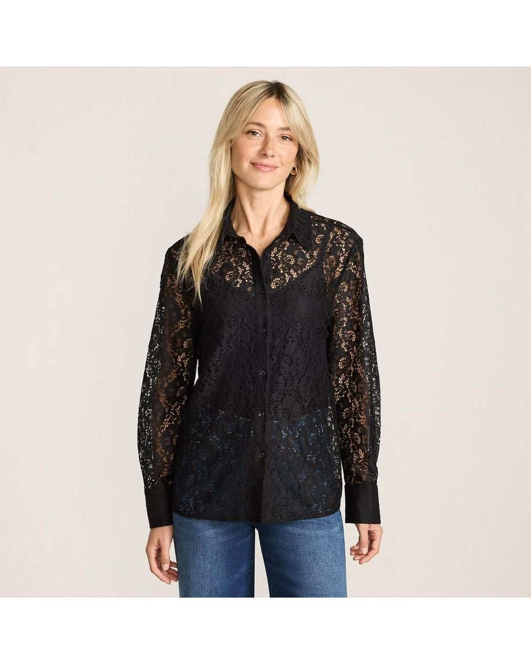 Lands' End Black Petite Lacey Long Sleeve Shirt