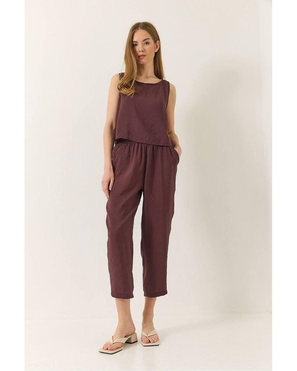 Bianco Lucci Red Sleeveless Crew Neck Blouse & Carrof Fıt Pants Set