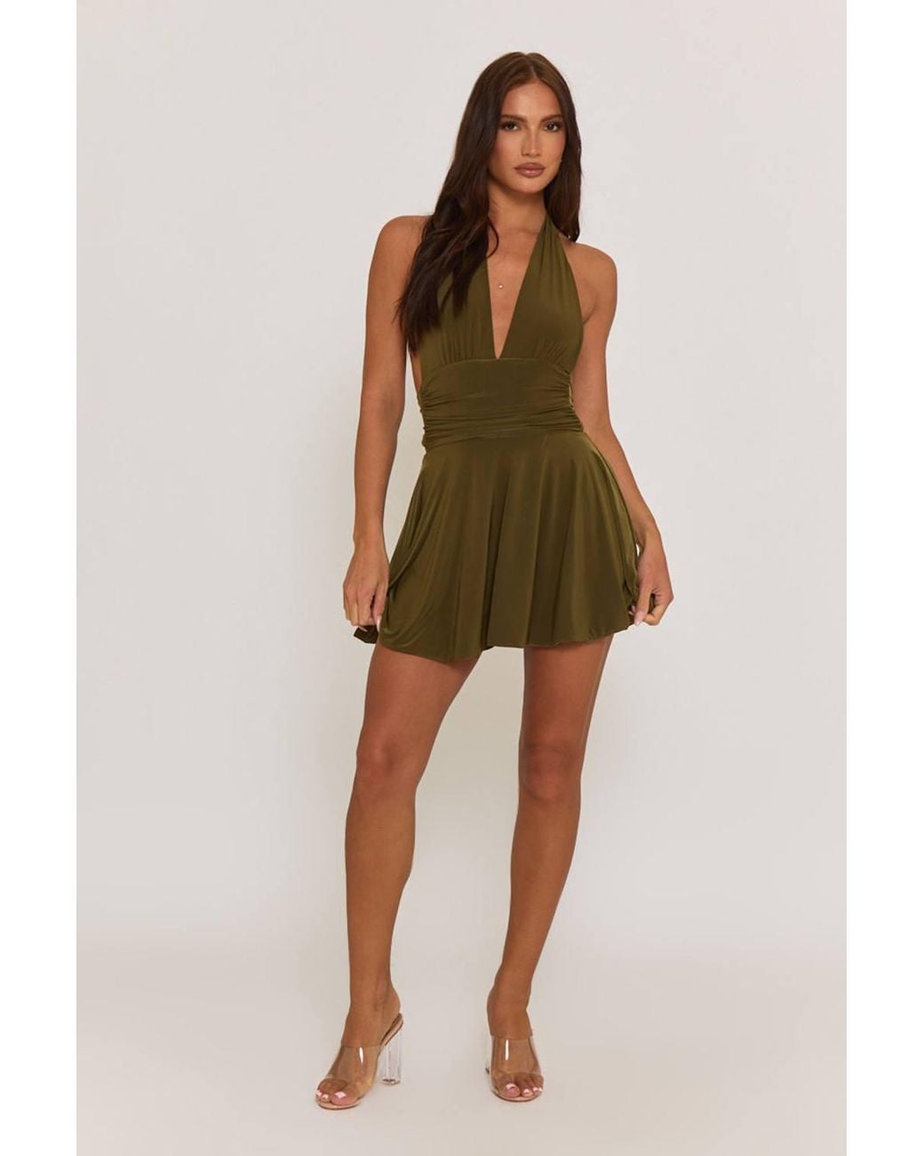 Rebellious Fashion Green Pippa Halter Plunge Neck Mini Dress