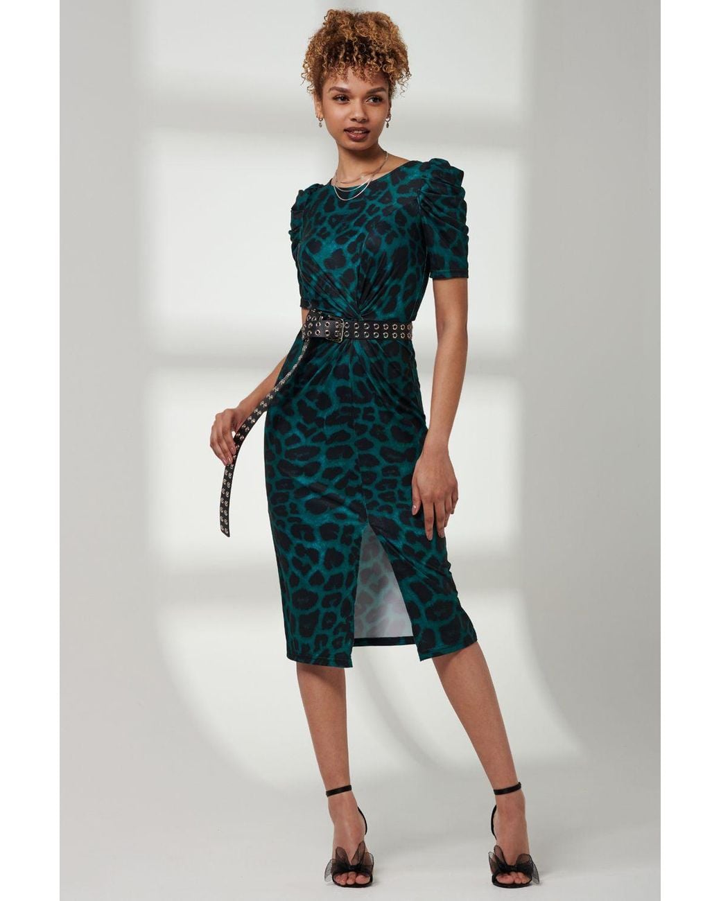 Jolie Moi Green Arica Jersey Puff Sleeve Bodycon Midi Dress