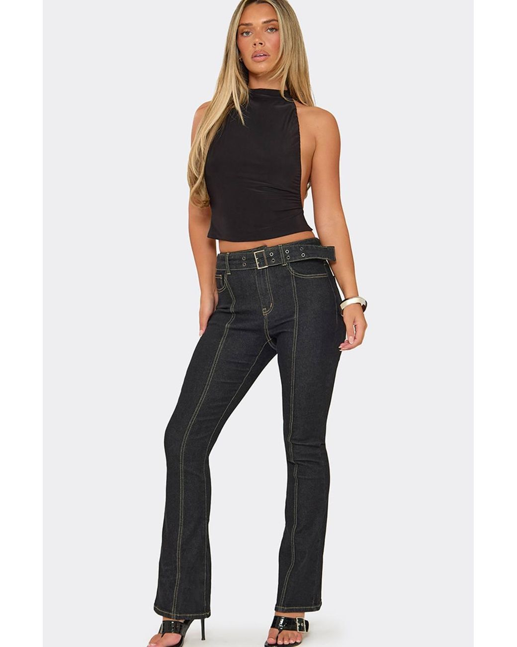 EGO Black Strappy High Neck Open Back Slinky Top