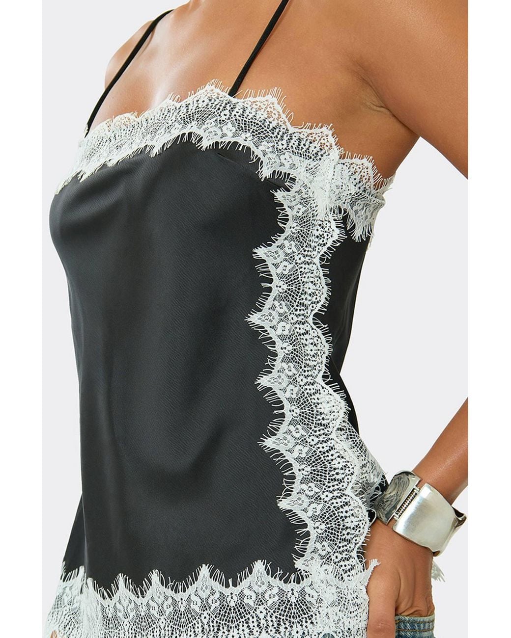 EGO Black Strappy Straight Neck Lacy Satin Cami Top
