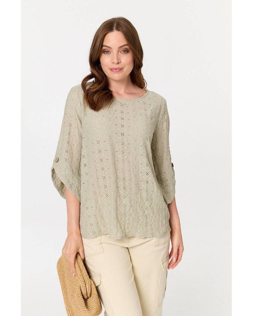 Izabel London Natural Embroidered Textured 3/4 Sleeve Blouse