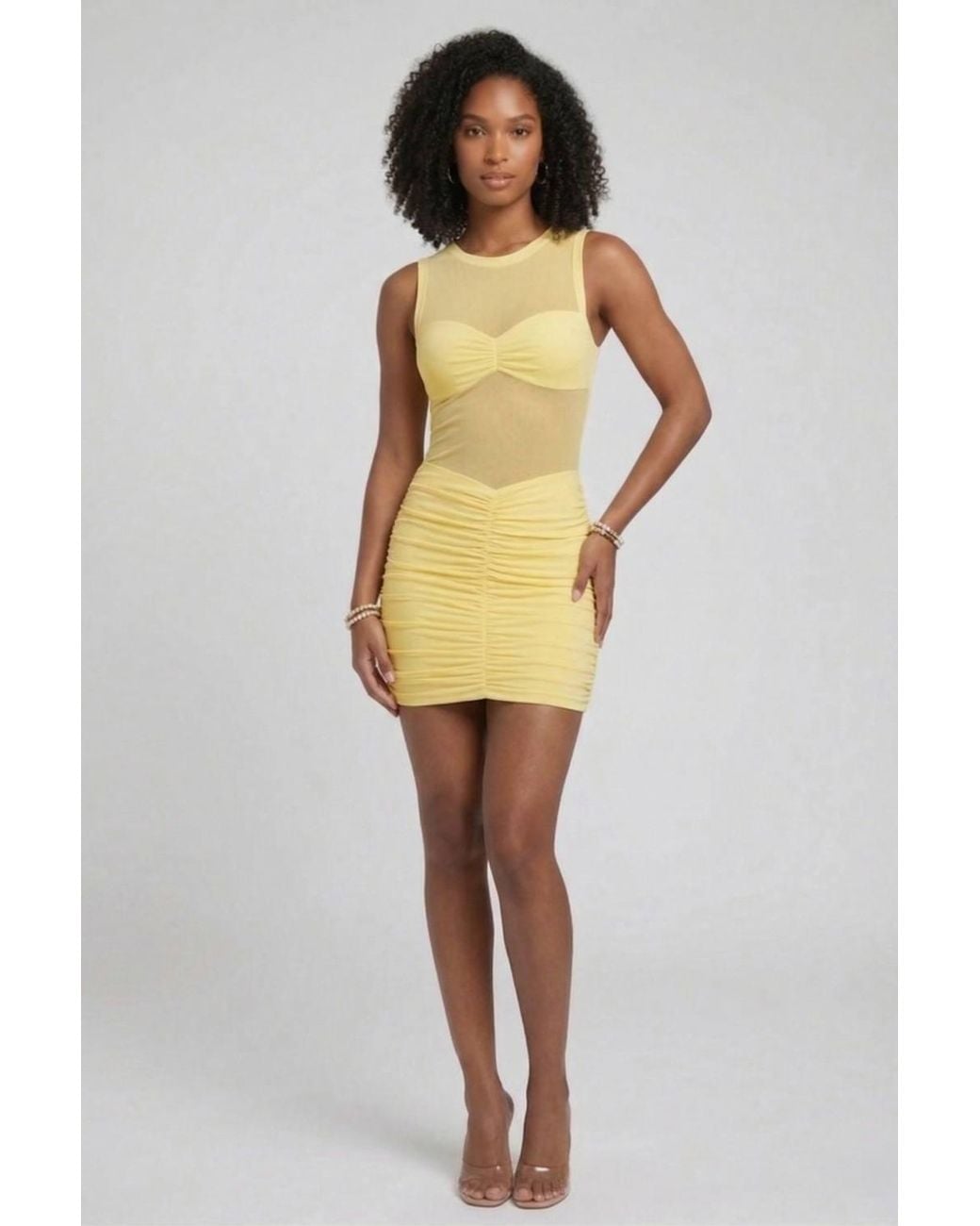 Stylewise Yellow High Neck Mesh Panel Ruched Bodycon Dress