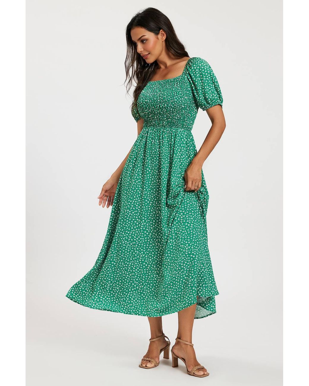 FS Collection Green Floral Shirred Square Neck Midi Dress With Puff Sleeves