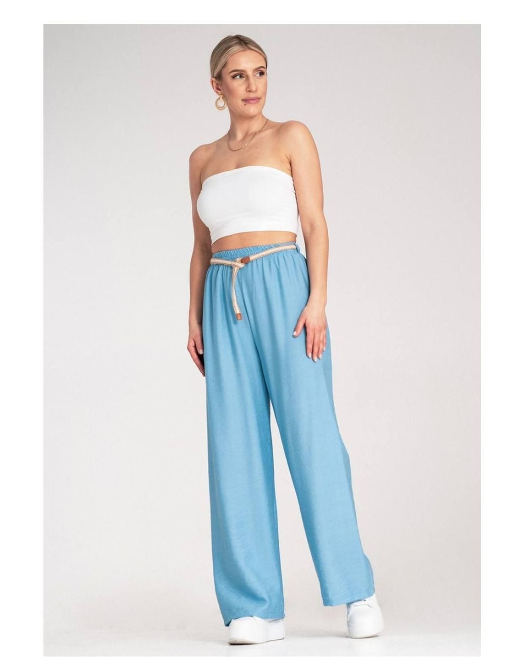 Love Lace Blue Boho Elastic Waist Trousers With Woven Belt