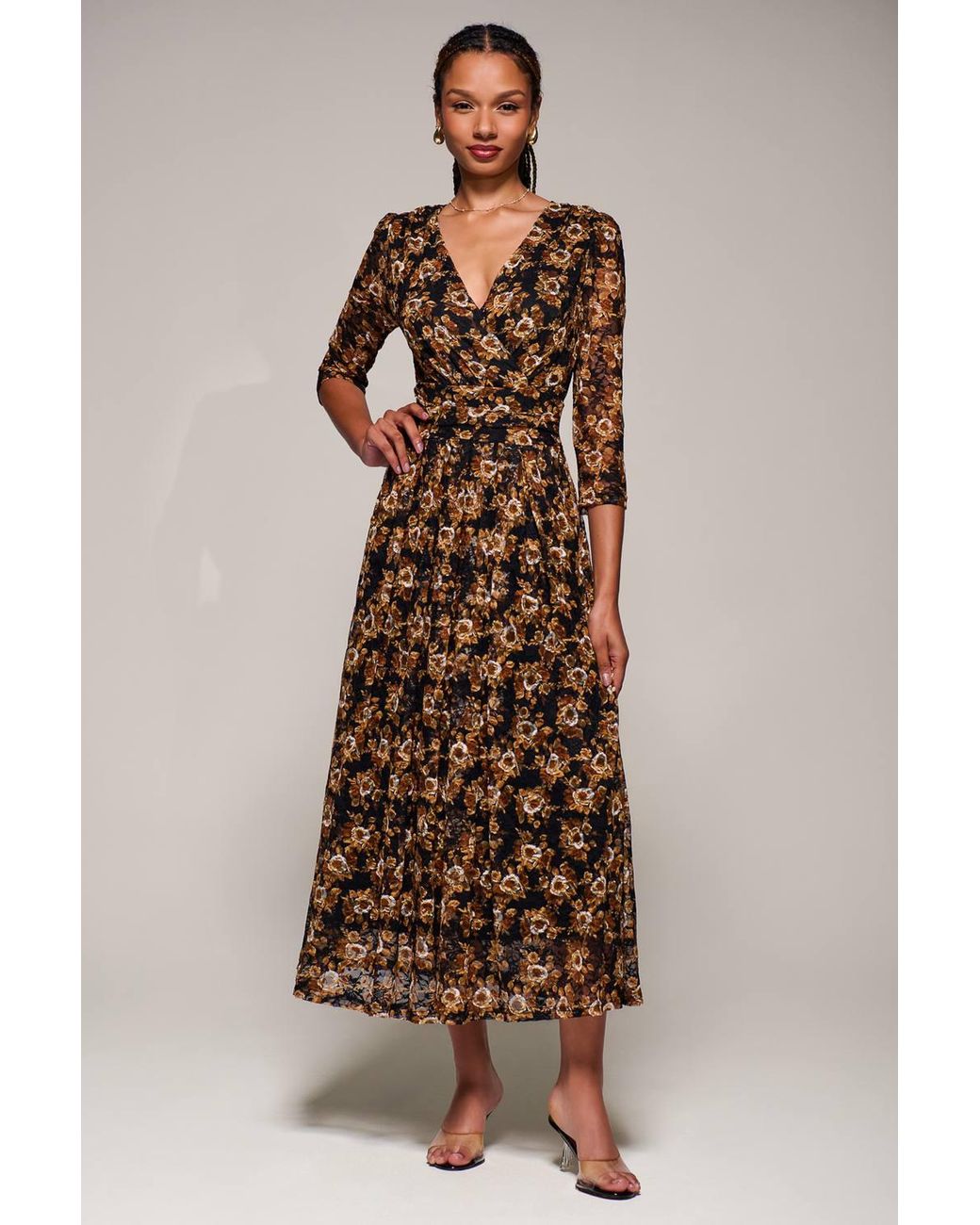 Jolie Moi Brown Three Quarter Sleeve Printed Lace Maxi Dress