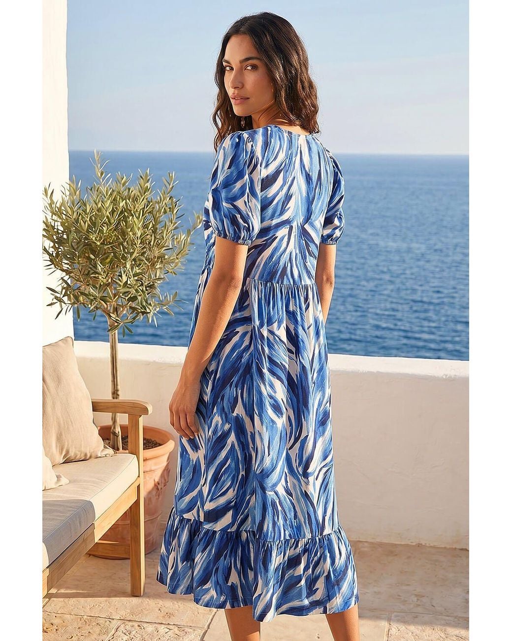 Roman Blue Abstract Print Tie Front Smock Dress