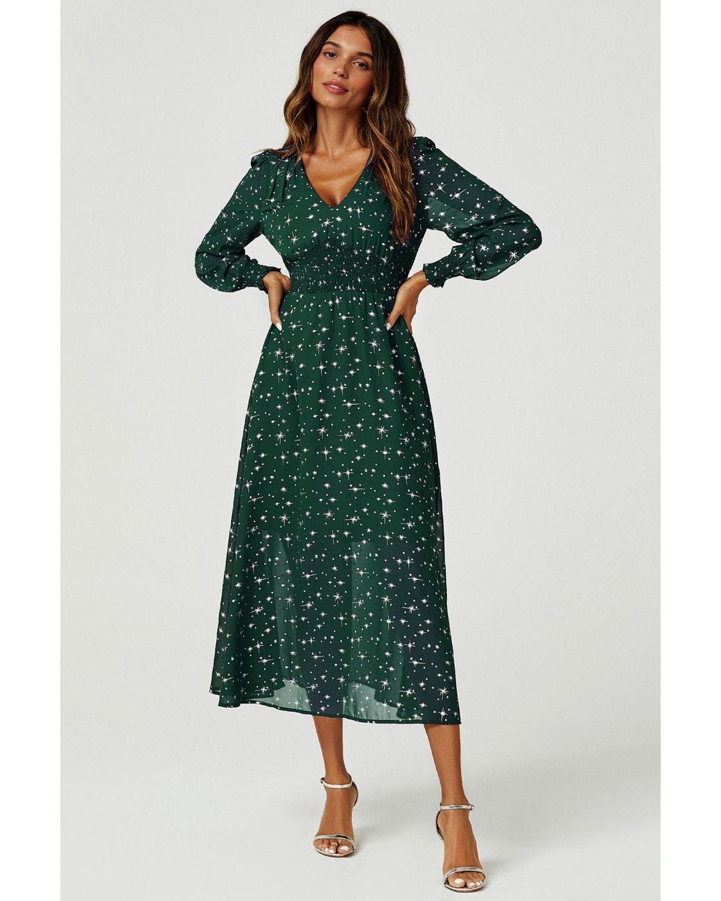 FS Collection Green Sliver Star Foil V Neckline Long Sleeve Maxi Dress