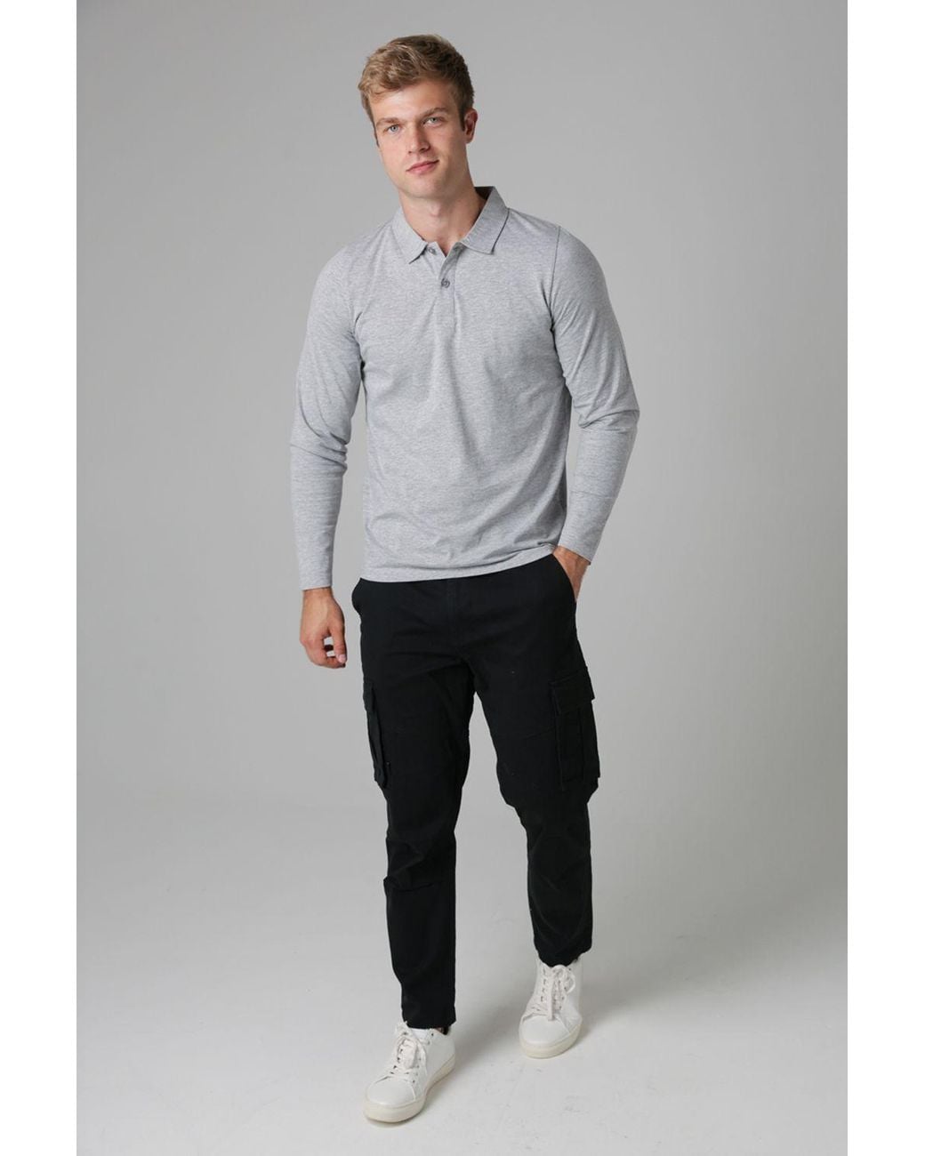 Tokyo Laundry Gray Long Sleeve Cotton Polo Shirt for men