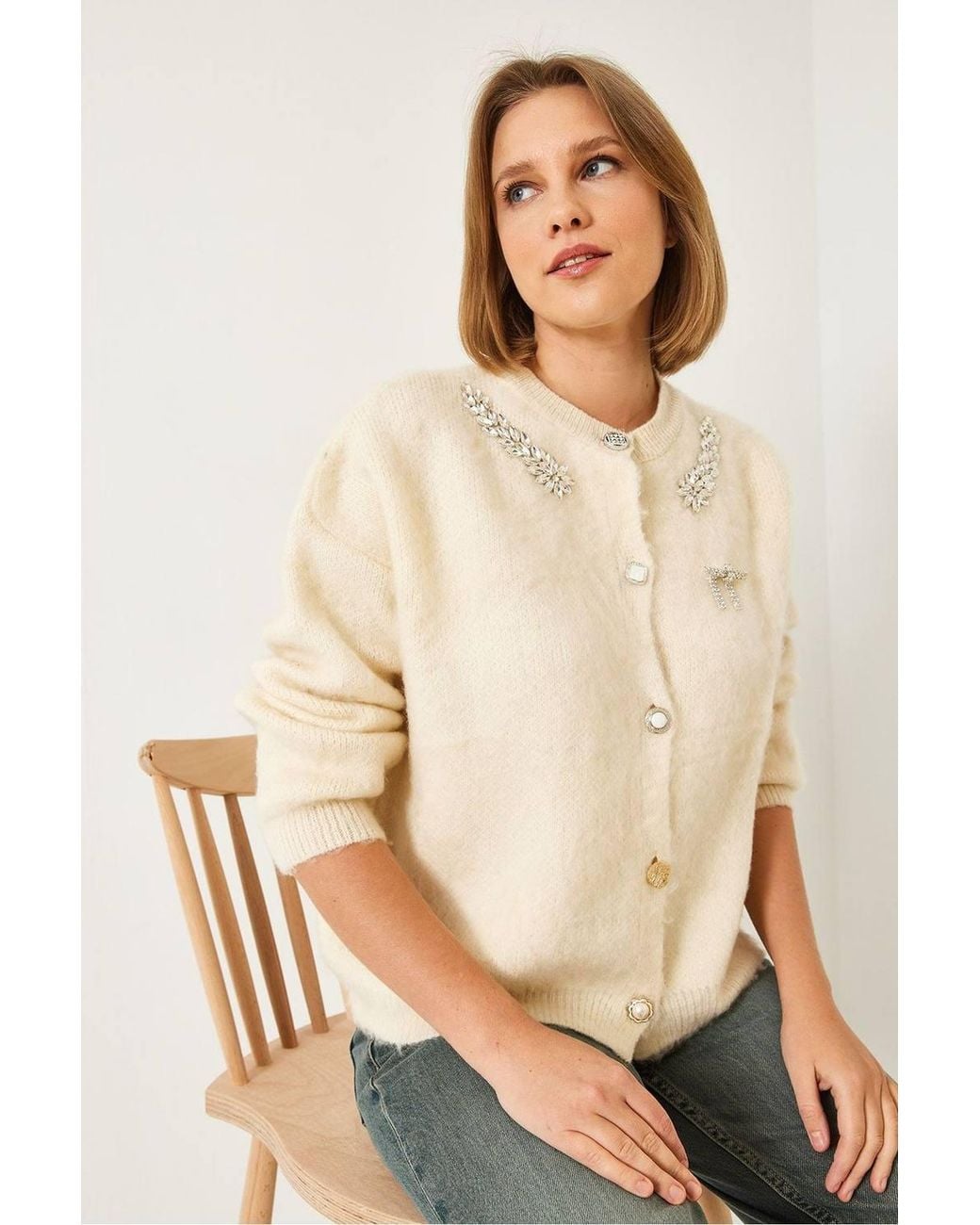 Bianco Lucci Natural Embellished Crew Neck Long Sleeve Cardigan