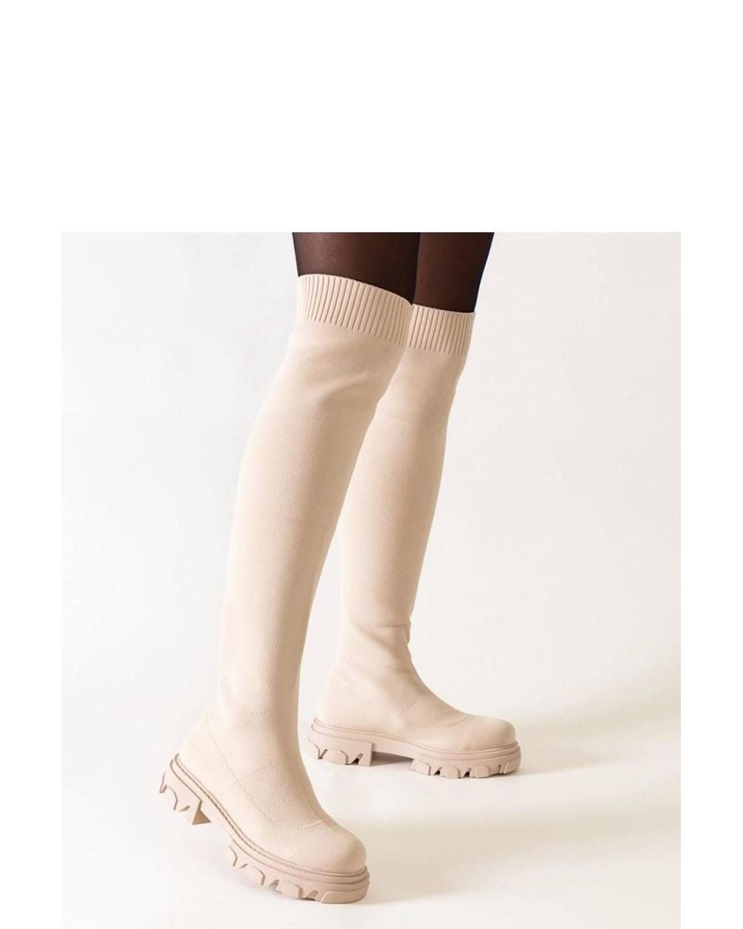 Love Lace Natural Long Insulated Slip On Heel Boots With Rubber Grip Round Toe