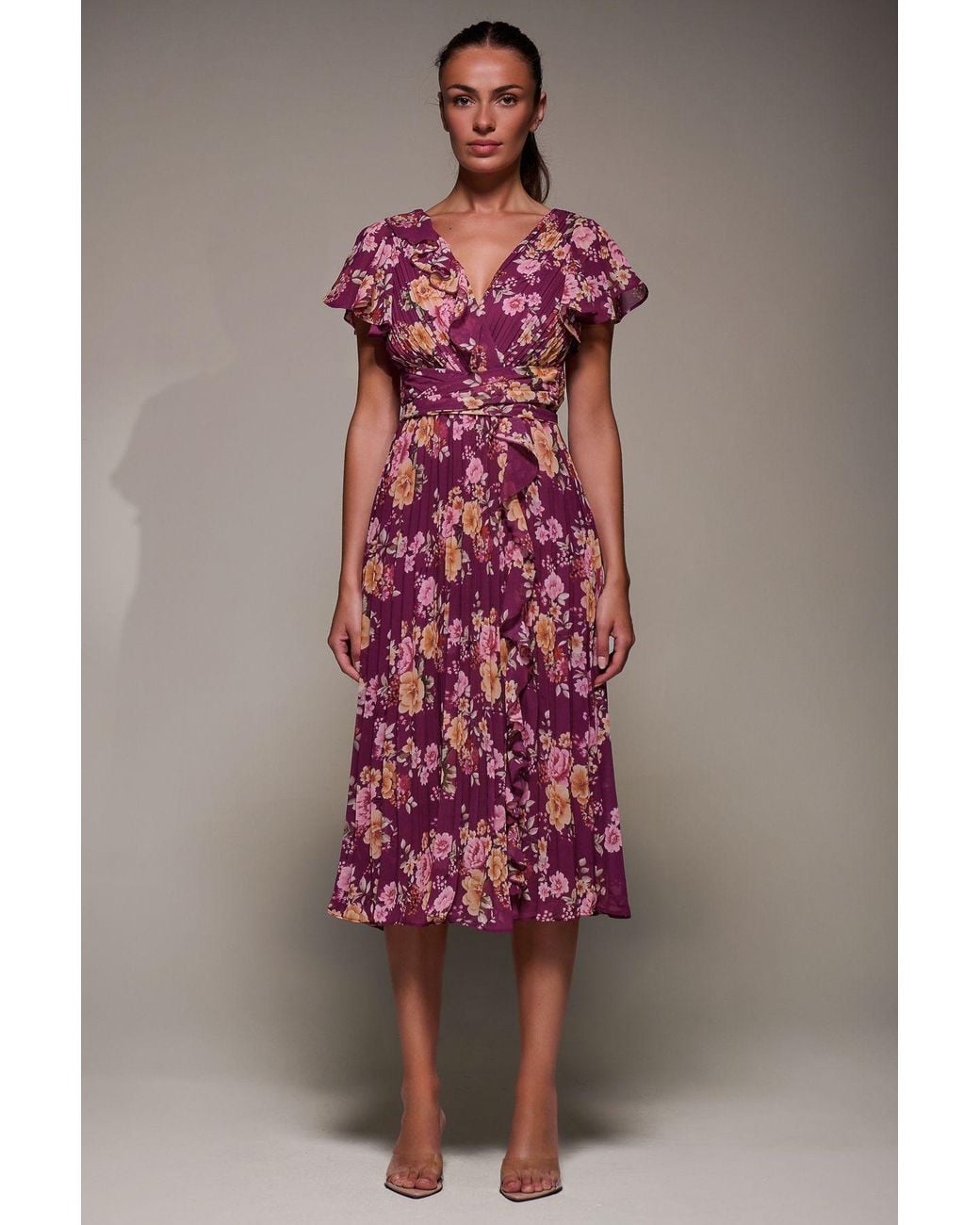 Jolie Moi Pink Printed Ruffle Detail Pleated Chiffon Midi Dress