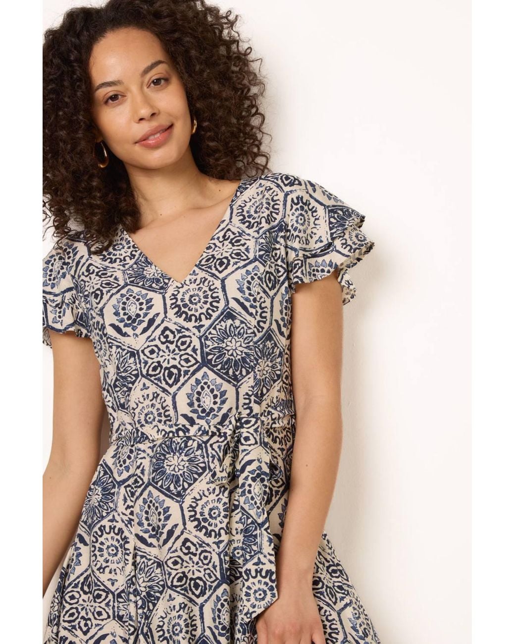 Blue Vanilla Gray Short Sleeve Belted V-Neck Mini Dress