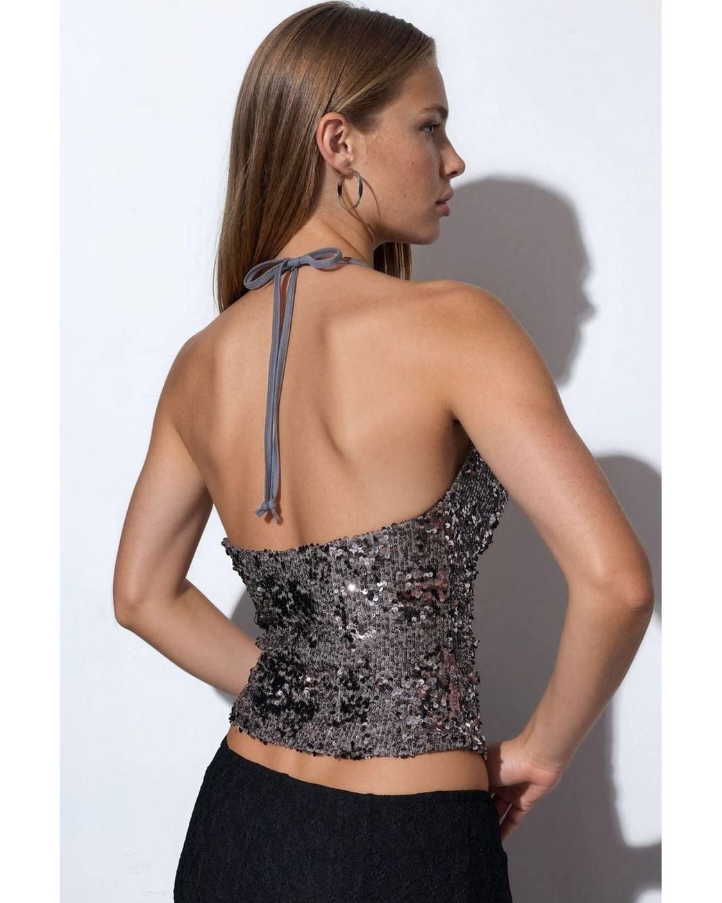 Busem Black Sequin Halterneck Crop Blouse