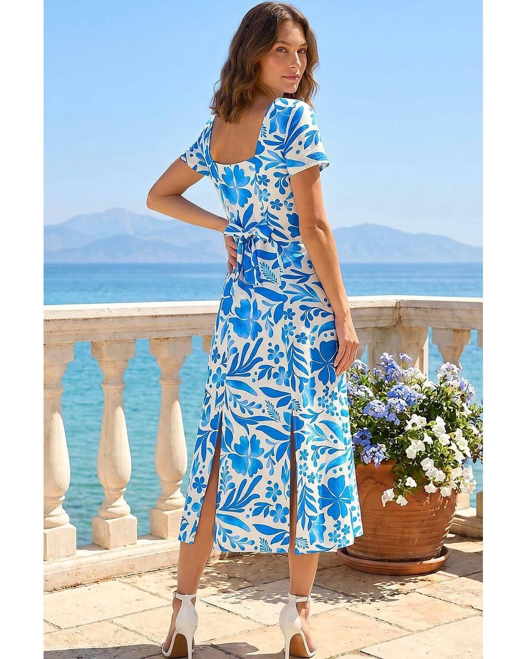 Roman Blue Petite Floral Button Front Midi Dress