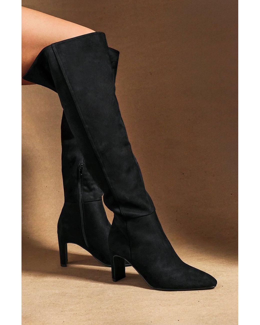 Linzi Black Demand Faux Suede Over The Knee Block Heeled Boot