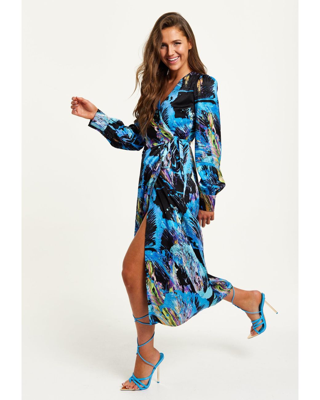 Liquorish Blue Multicolour Abstract Print Midi Wrap Dress With Long Sleeves