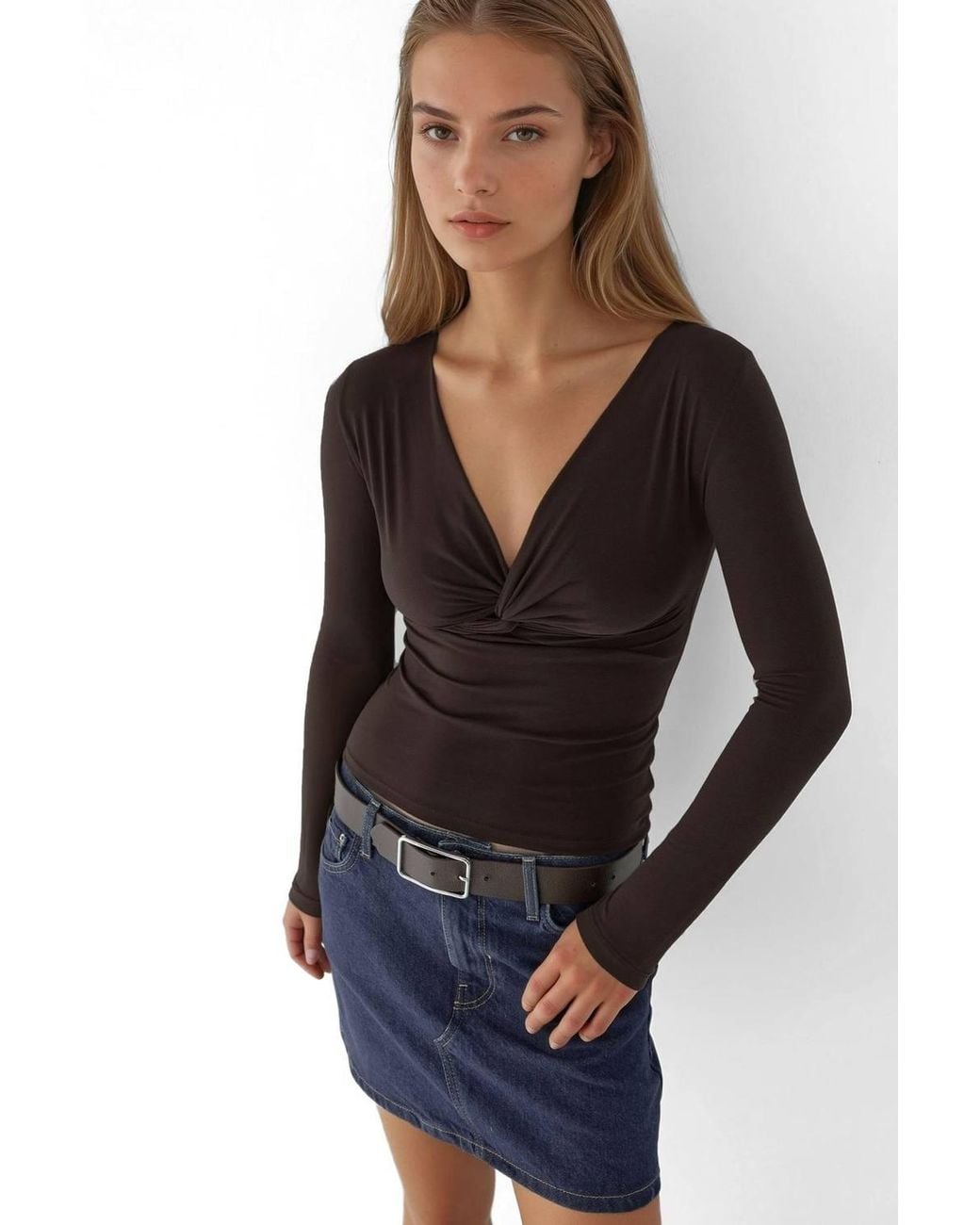 Hiccup Brown V-Neck Twist-Front Long Sleeve Top