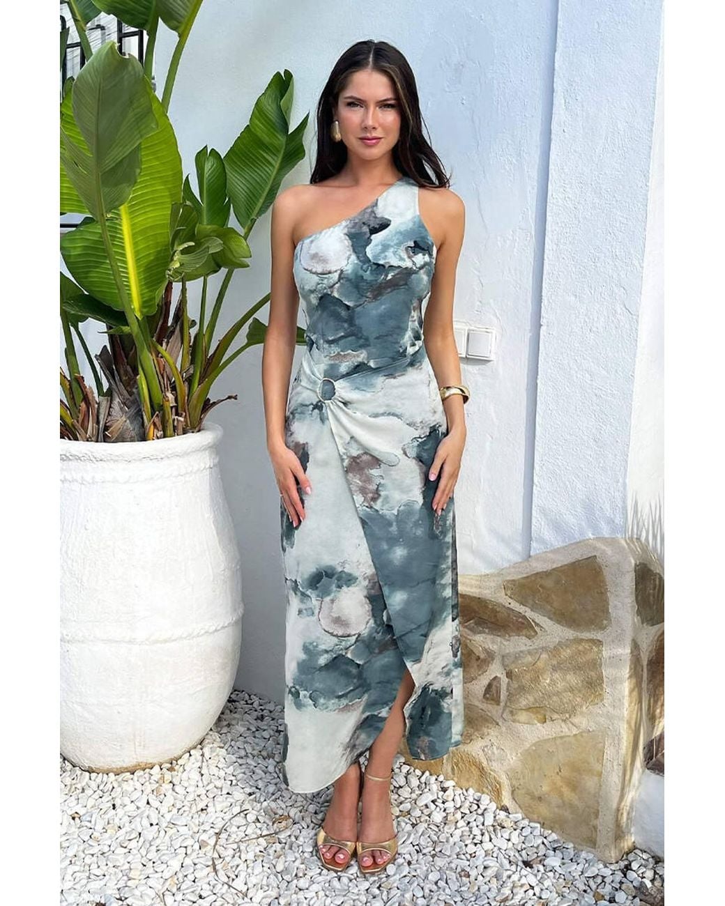 AX Paris Green Duck Egg Marble Print One Shoulder O-Ring Midi Dress