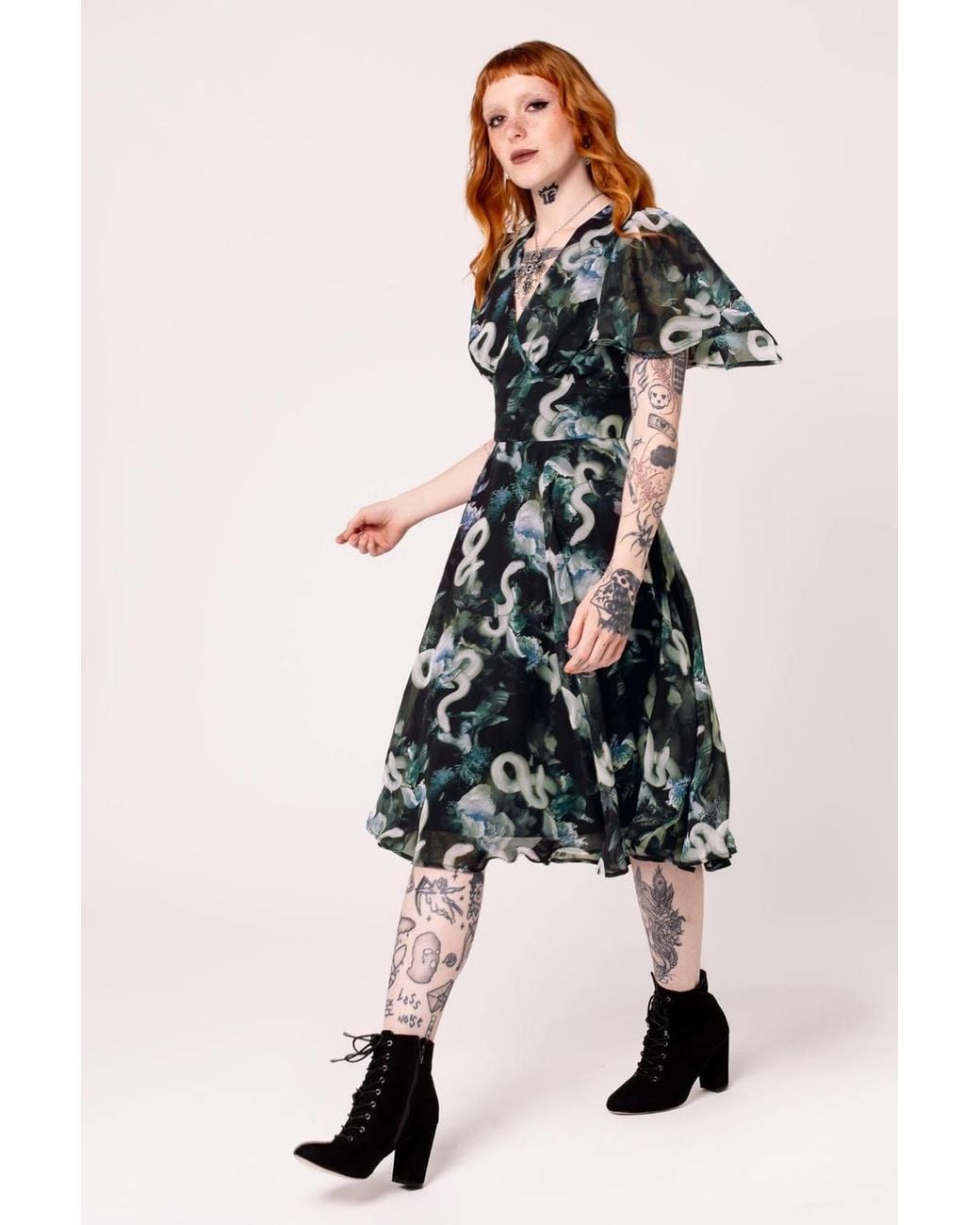 Hell Bunny Black Serpent Print Chiffon Dress With Flared Skirt & Draped Sleeves
