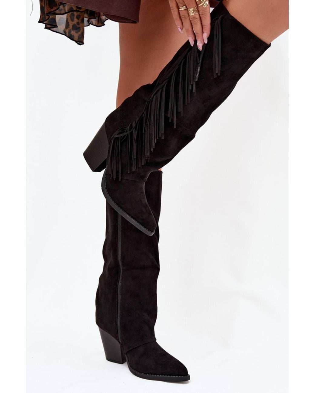 Love Lace Black Faux Suede Cowboy Heel Boots With Side Fringe & Zip Closure