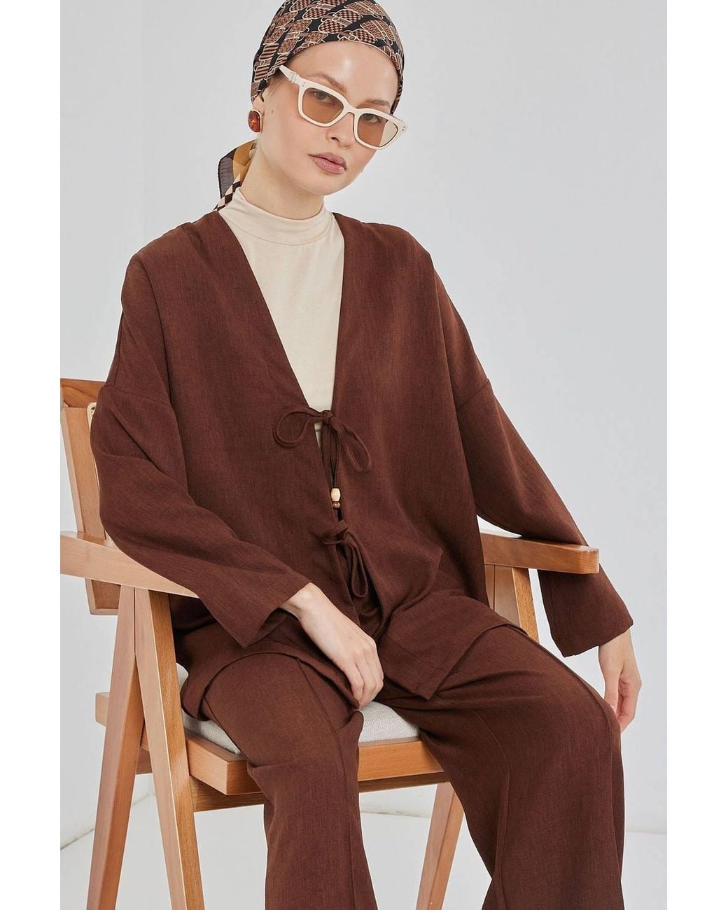 Bigdart Brown V-Neck Cardigan & Wide Leg Pants Set