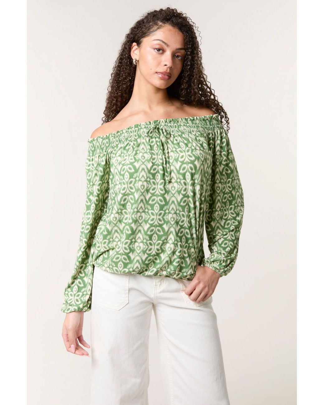 Blue Vanilla Green Long Sleeve Slip On Off-The Shoulder Top
