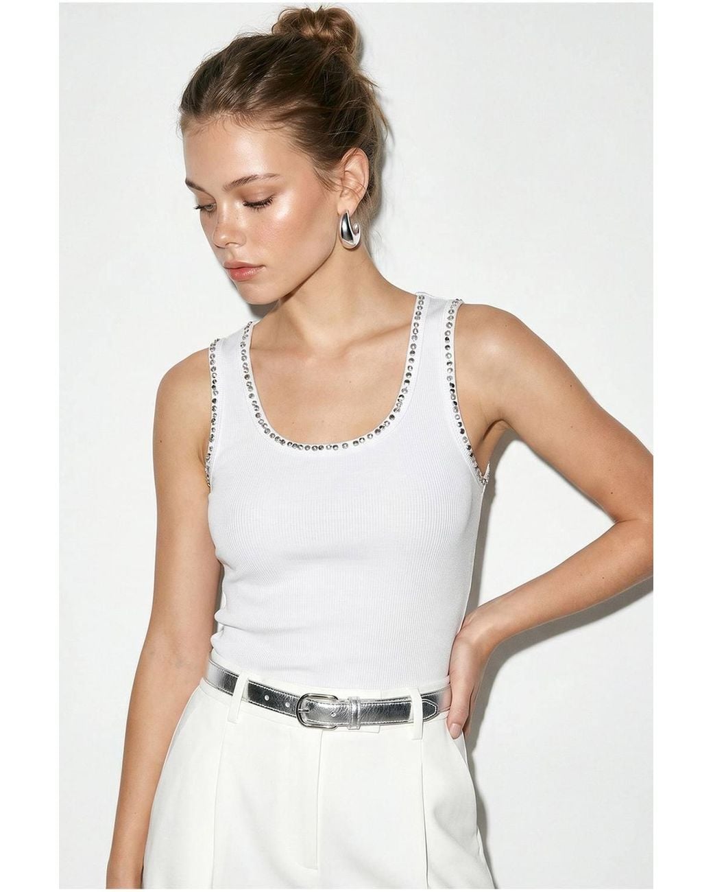 Bianco Lucci White Ribbed Cotton-Blend Fitted Cami Top