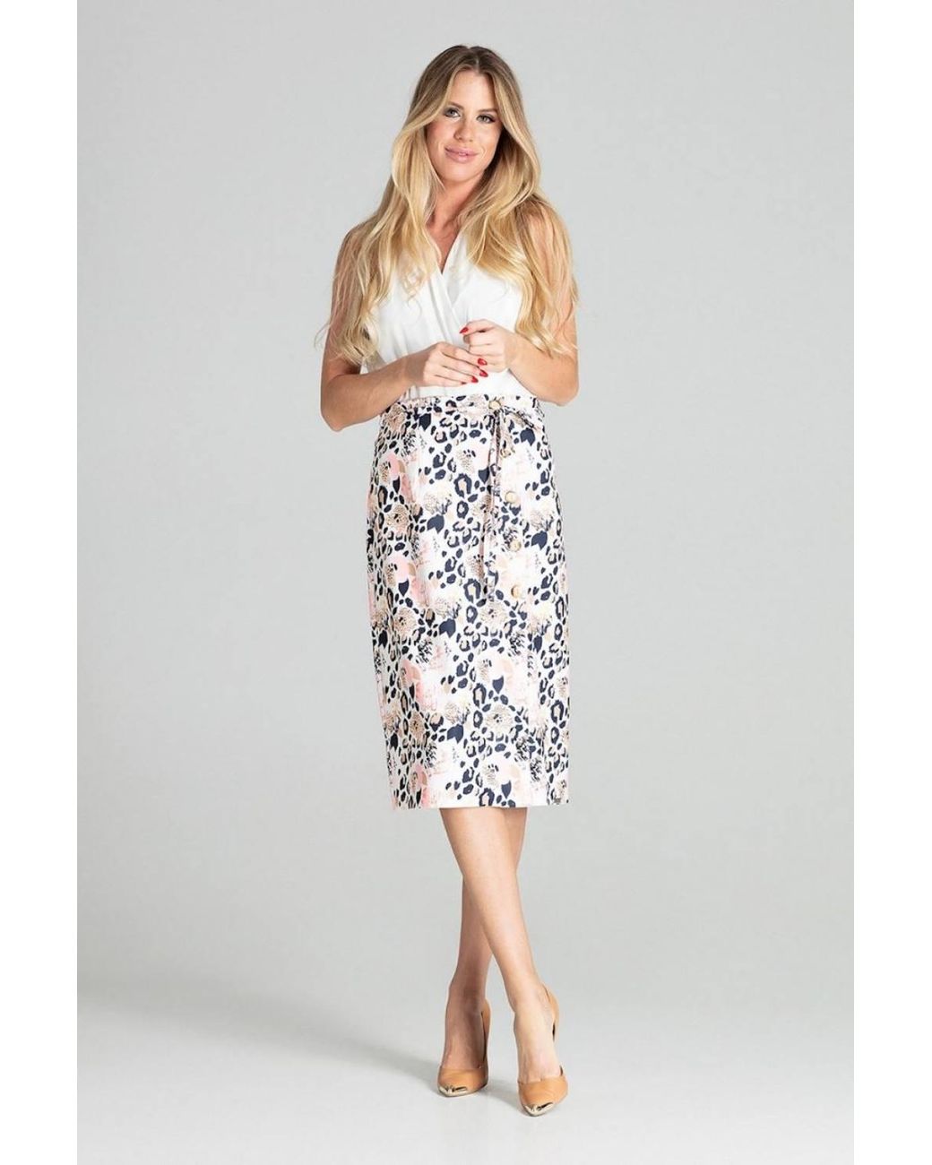 Love Lace White Leopard Skirt Unlined Overlap Buttons Tie Belt
