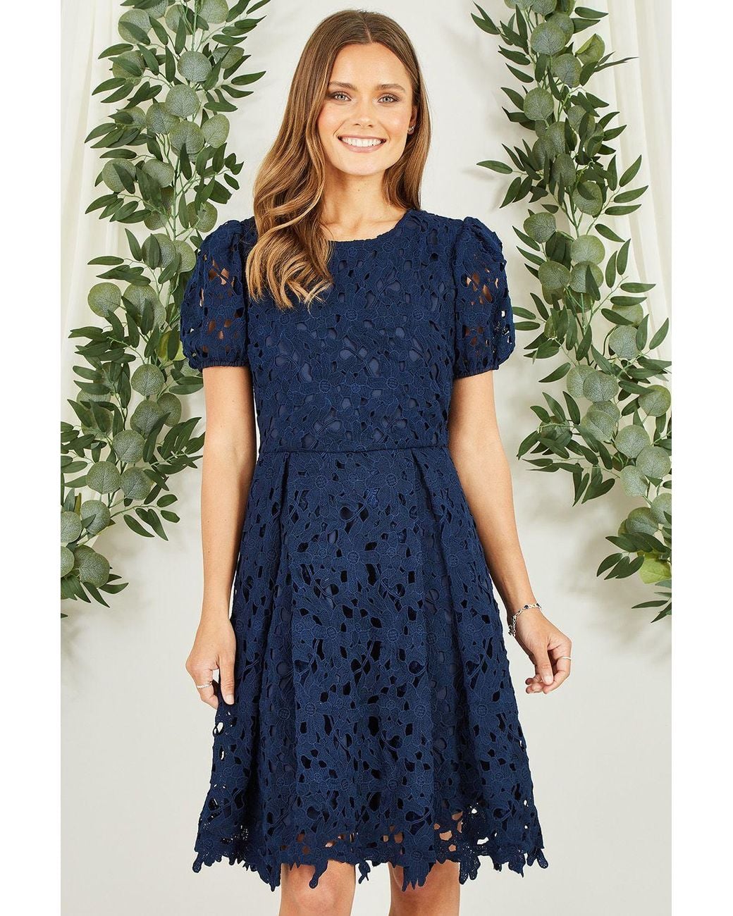 Yumi' Blue Lace Skater Dress With Puff Sleeves