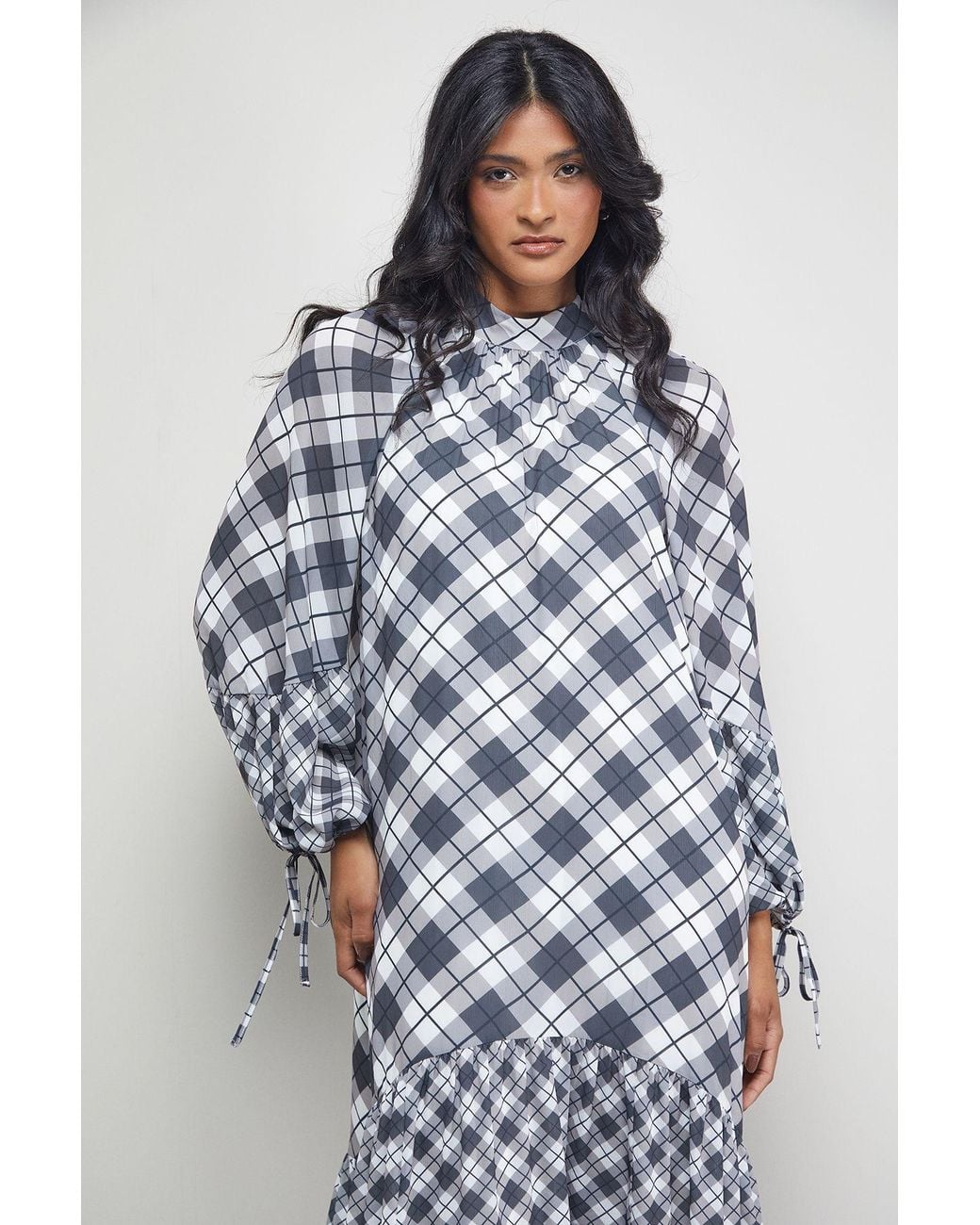Warehouse Blue Tony Chiffon High Neck Tier Smock Midi Dress